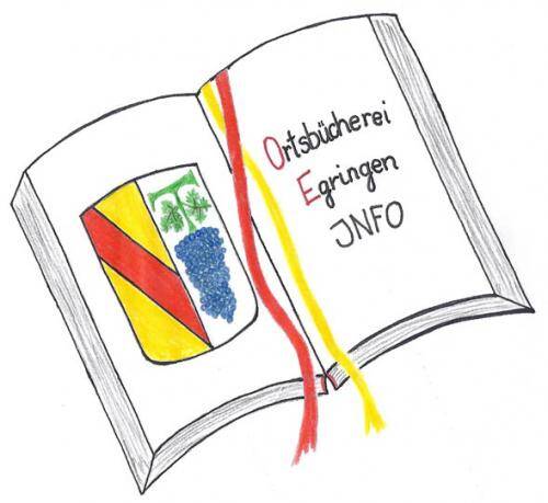 Ein aufgeschlagenes Buch zeigt links ein Wappen mit Trauben und rechts die Worte "Ortsbücherei Egringen JNFO" in verschiedenen Farben, mit rot und gelb markierten Bändern.