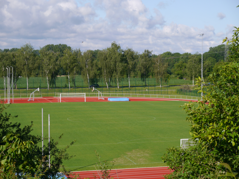 Eine Sportanlage mit Rasenfläche und einer roten Finnenbahn und grünen Bäumen