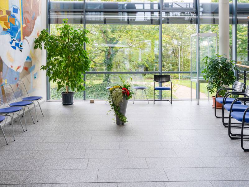 Ein lichtdurchfluteter Wartebereich mit modernen Stühlen, großen Fenstern, Pflanzen und einem Wandgemälde, mit Blick auf einen grünen Außenbereich.
